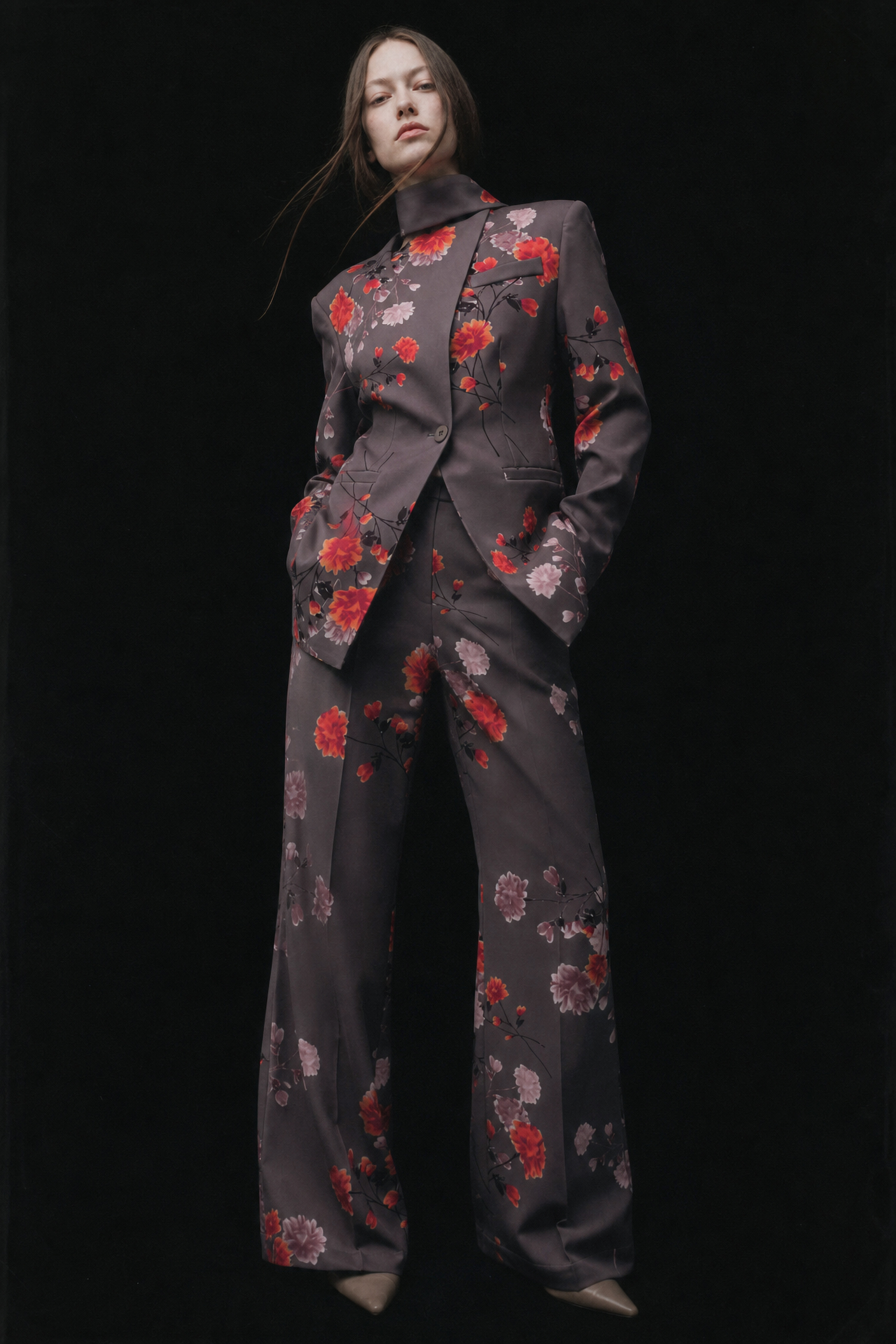 Long Tailored Blazer with Floral Print