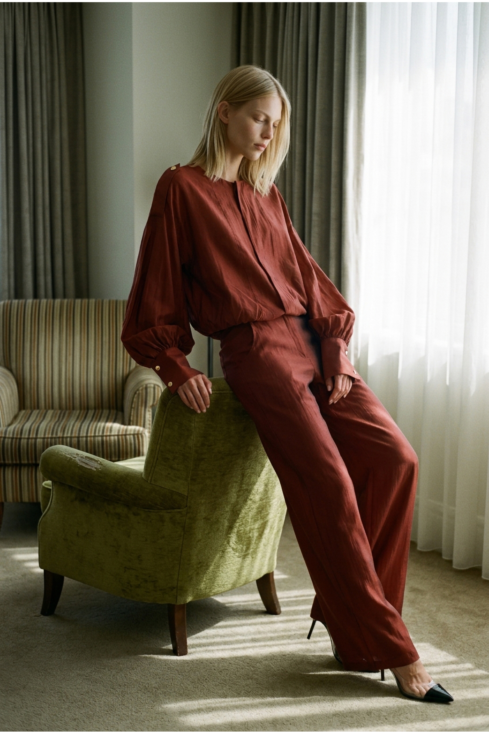 Blouse with Puff Sleeves and Elastic Hem