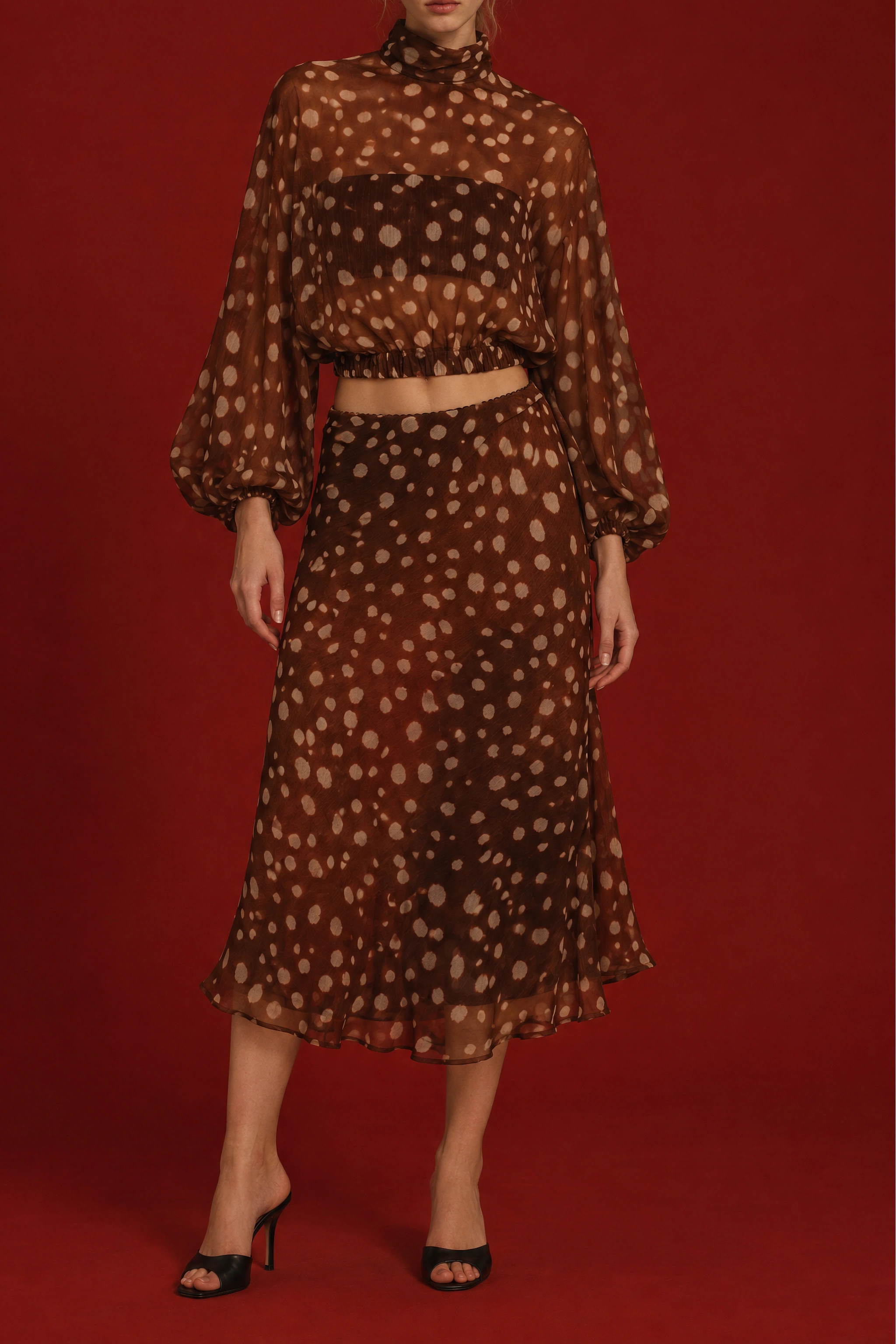 Cropped Chiffon Top with Mock Neck