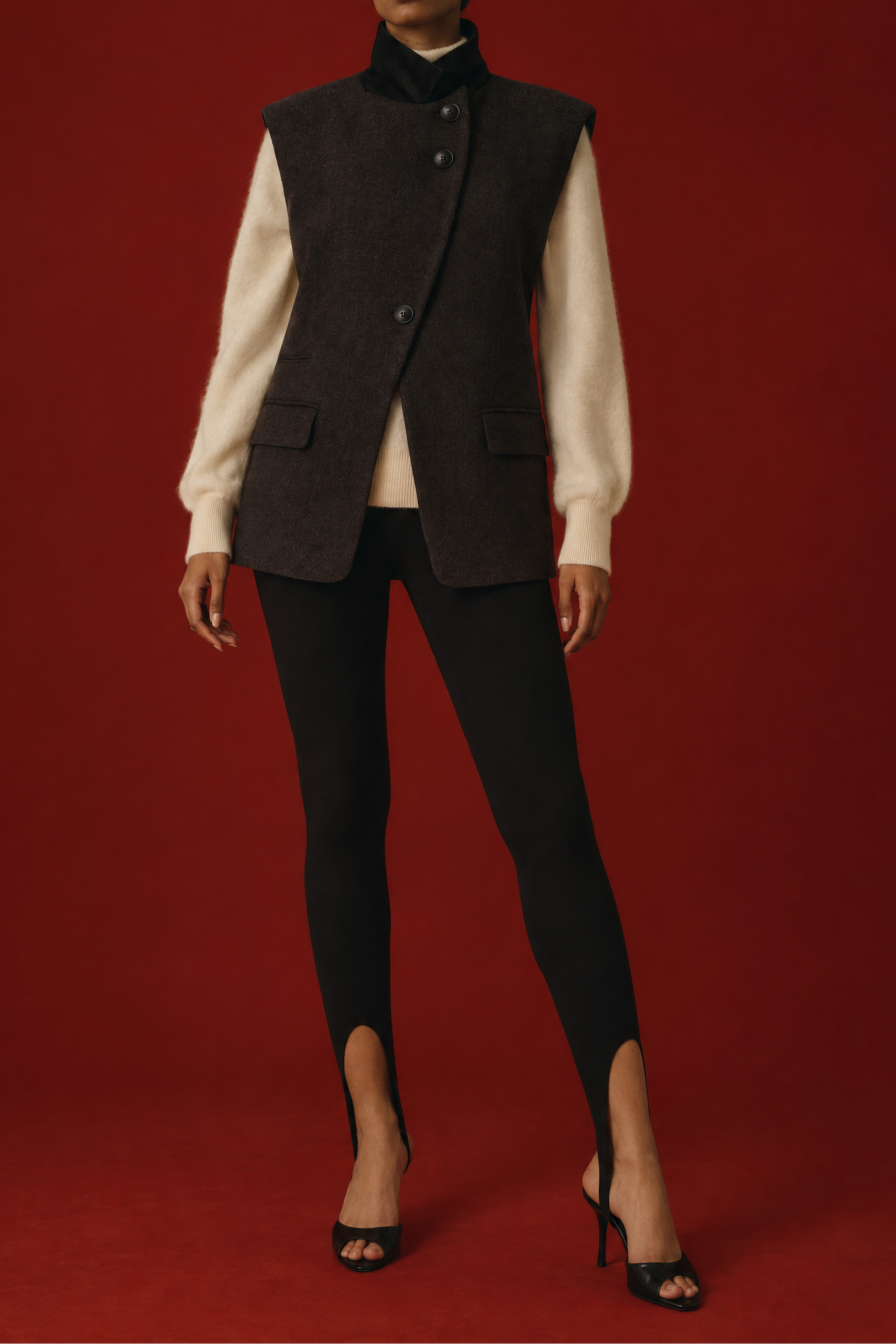 Long Tailored Vest with Stand Collar