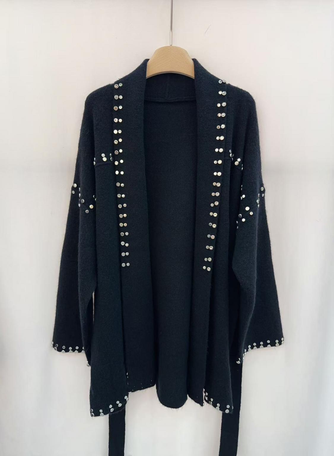 Long Stud-Trim Cardigan